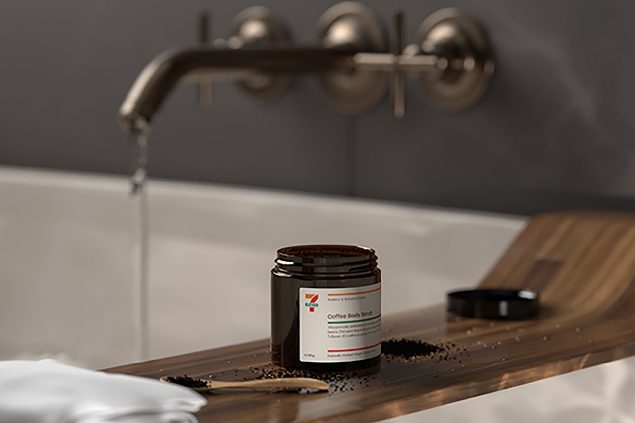A tub of 7-Eleven Coffee Body Scrub sitting on a white bath  